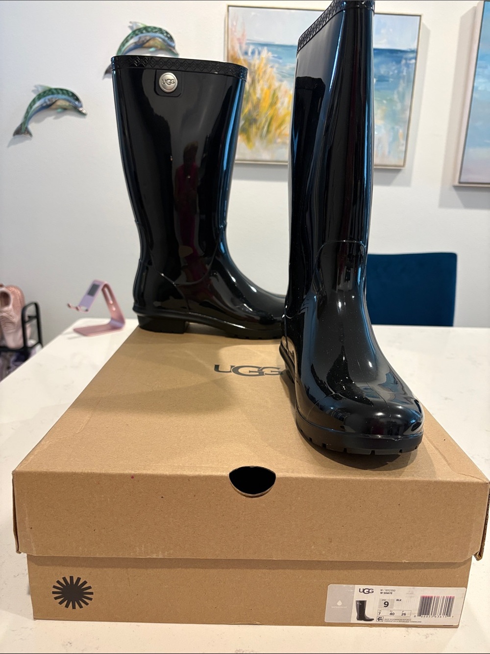 UGG Glossy Black Tall Rain Boots 9